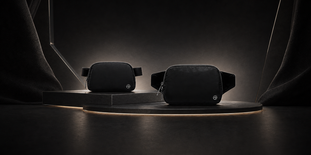 Pander 1L and 2L black belt bags displayed together on a premium dark studio platform