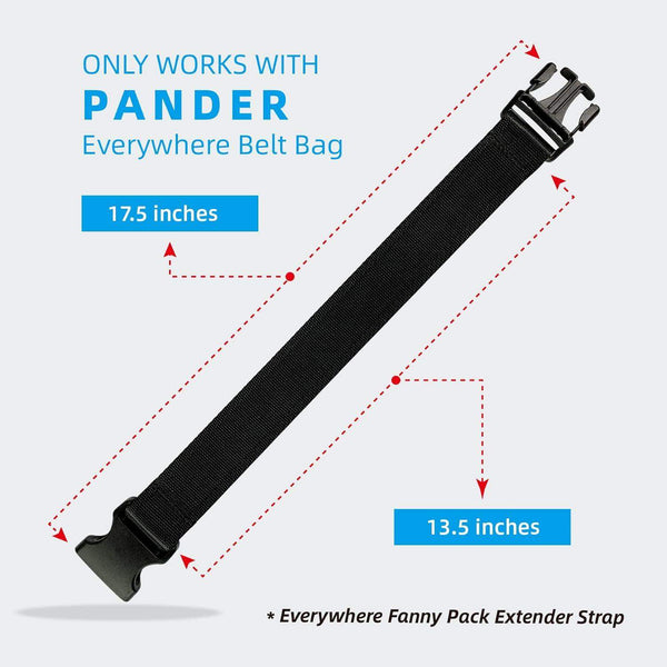 Pander 13.5-inch belt bag extender strap in Onyx Black, strap length diagram