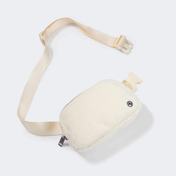 Pander fleece belt bag in Floral White, front view with full strap