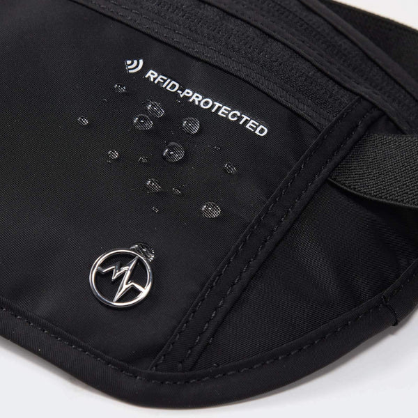 Pander anti-theft waist bag in Black Onyx, RFID-protected lining and fabric close-up