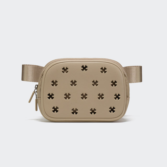 Airflow molded belt bag in Khaki, straight-on front view on #ECEDEF background