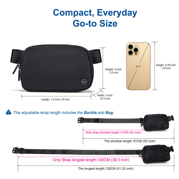 Pander 1L double zipper belt bag measurements and adjustable strap size guide