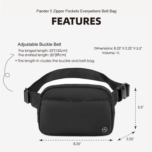 Pander 5 zipper pocket 2L belt bag in Black Polyester, product detail view 1