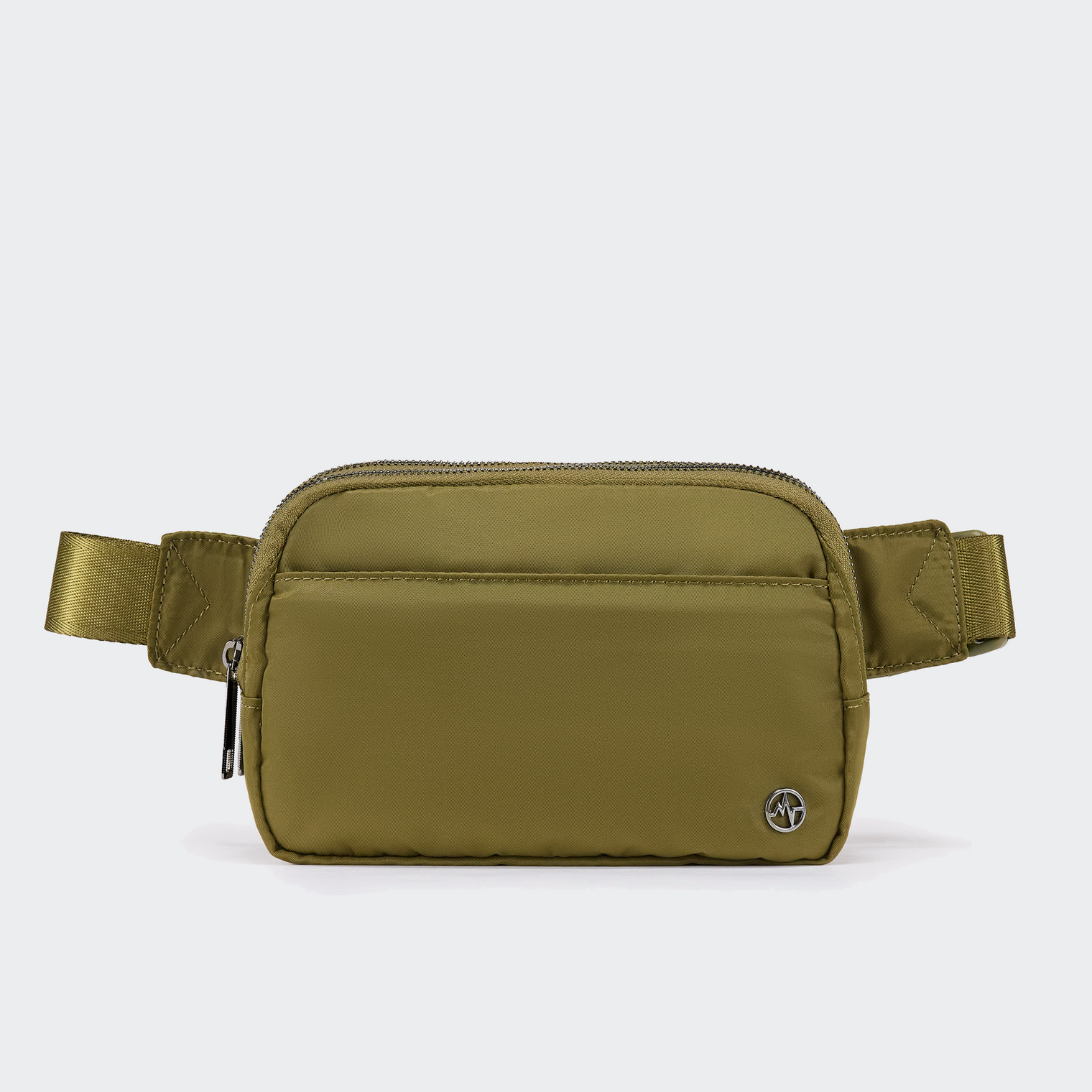 Pander 5 zipper pocket 2L belt bag in Dark Moss, front view with adjustable strap