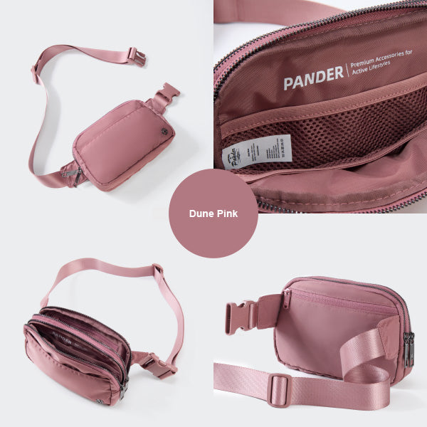 Pander 5 zipper pocket 2L belt bag in Dune Pink, product detail view 1