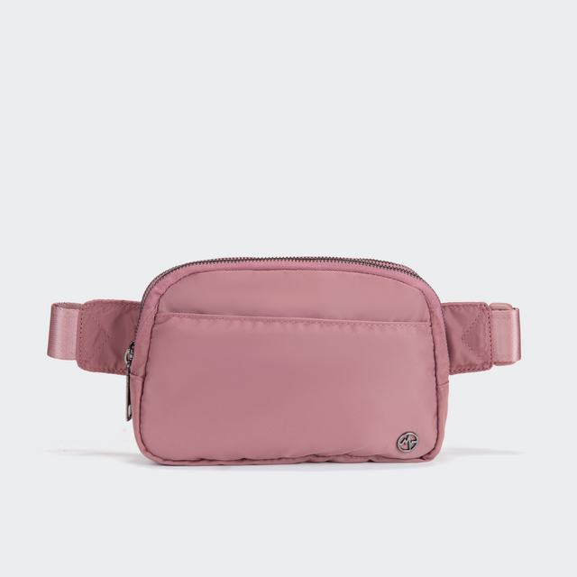 Pander 5 zipper pocket 2L belt bag in Dune Pink, front view with adjustable strap