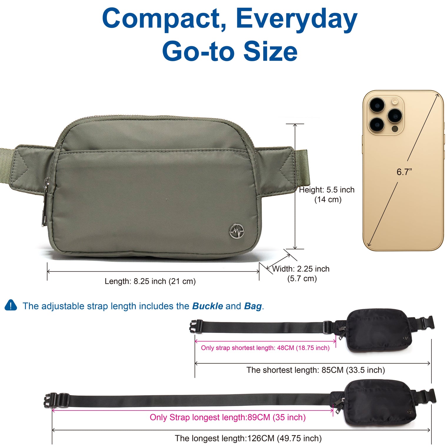 Pander 2L five-zipper belt bag dimensions and adjustable strap size guide