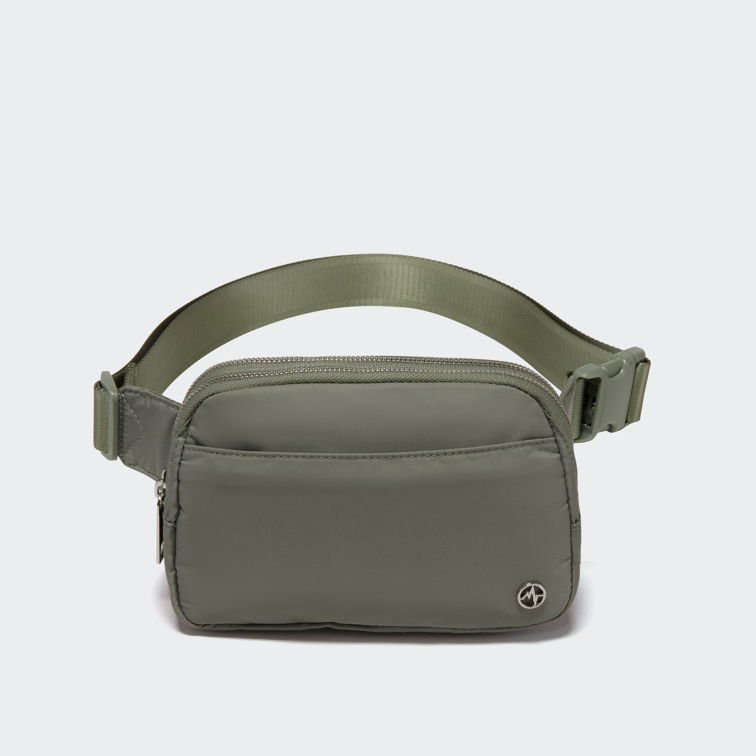 Pander 5 zipper pocket 2L belt bag in Grey Sage, front view with adjustable strap