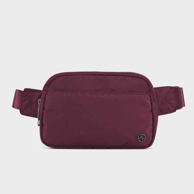 Pander 5 zipper pocket 2L belt bag in Red Merlot, front view with adjustable strap