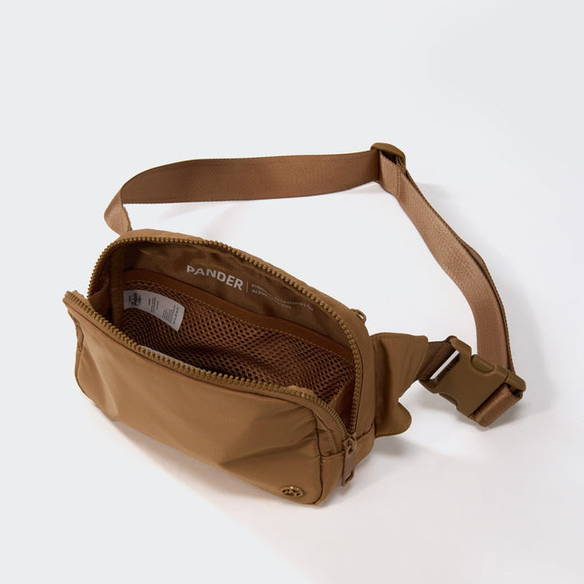 PANDER unisex 2L belt bag in Caramel Brown, everyday travel view
