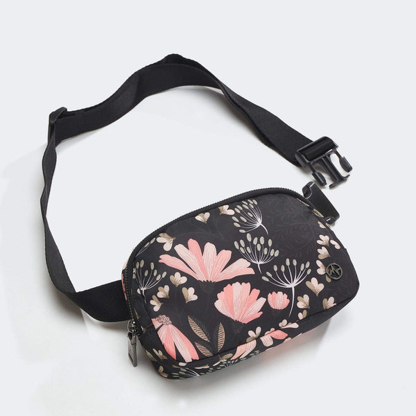 Pander patterned 1L belt bag in Black Floral, three-quarter front view