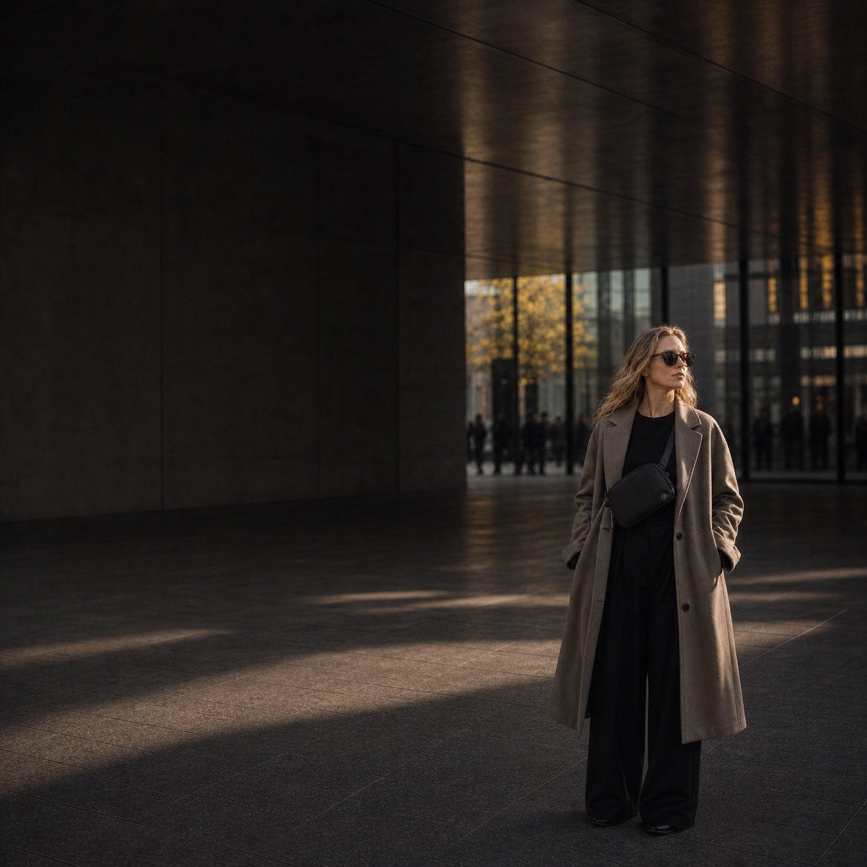 Pander black belt bag worn crossbody by a woman in a modern city
