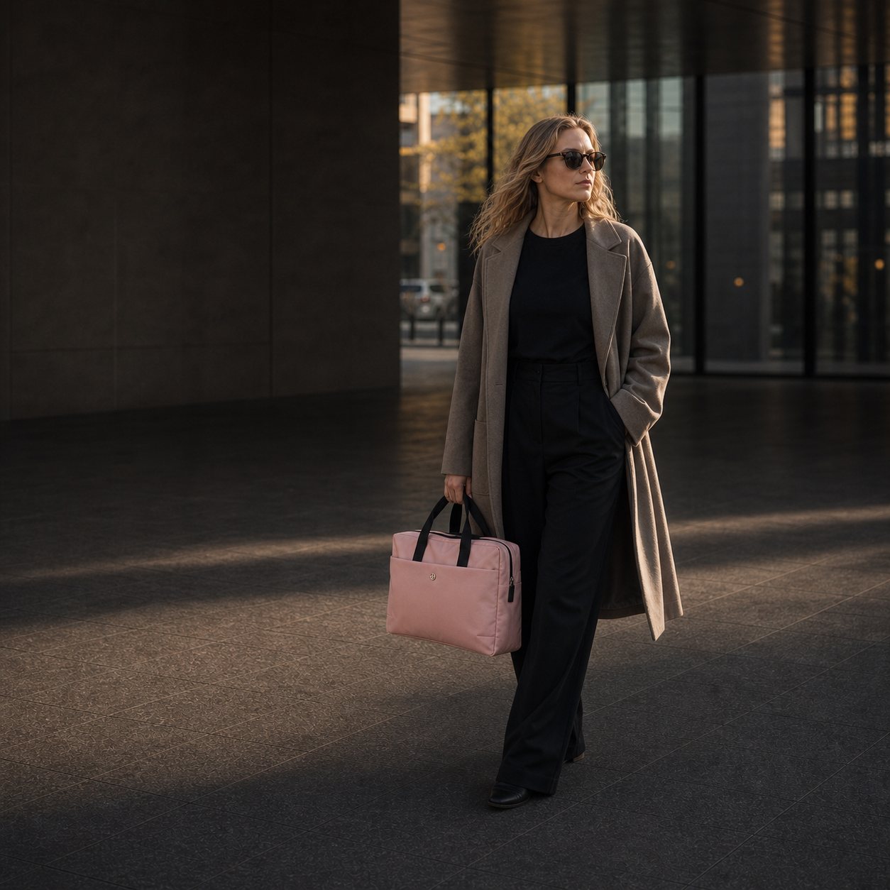 Woman carrying a Pander work bag outside a modern office