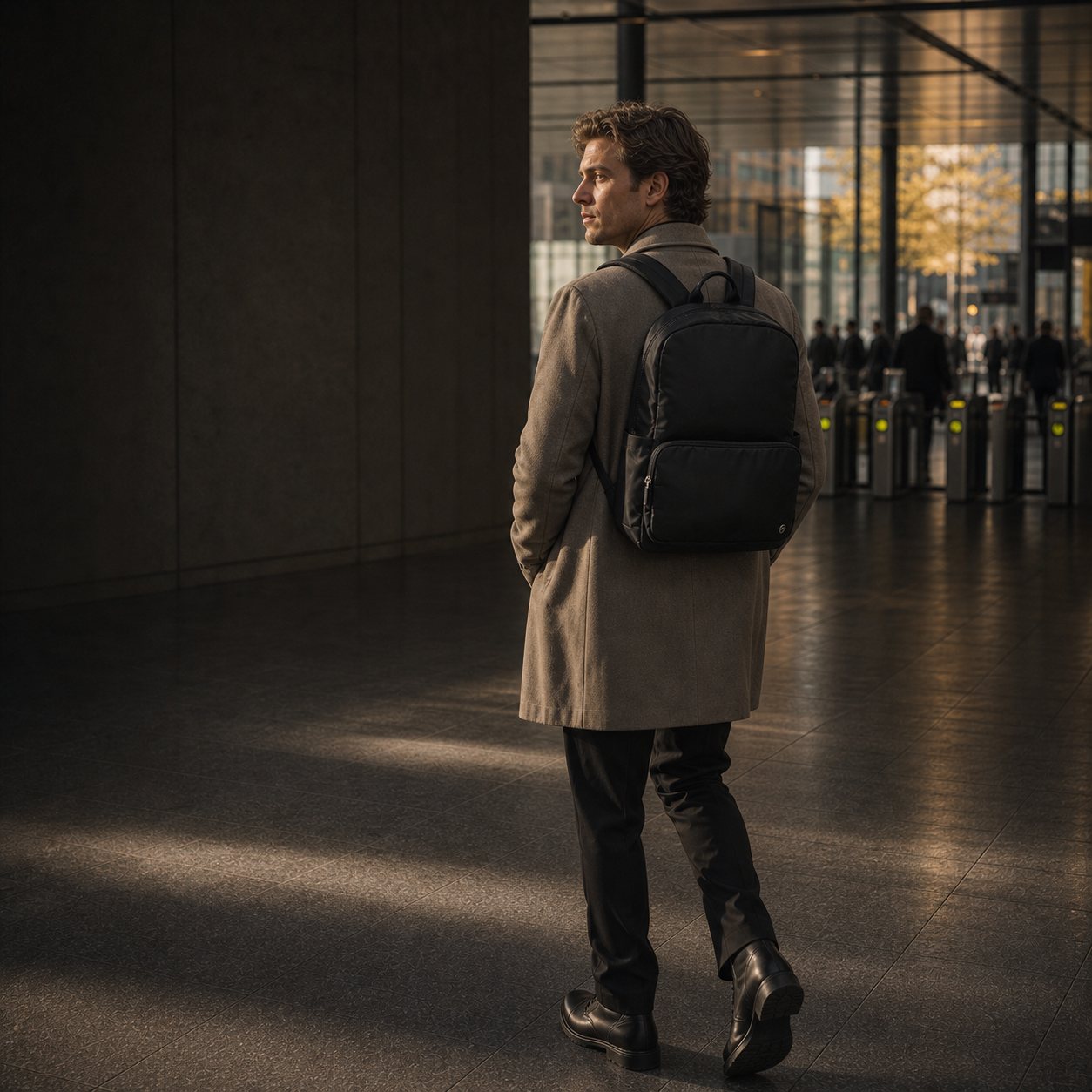 Man wearing a black Pander commuter backpack at a transit station
