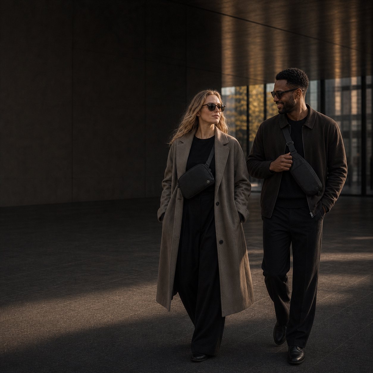 Two people wearing black Pander crossbody bags in a modern city