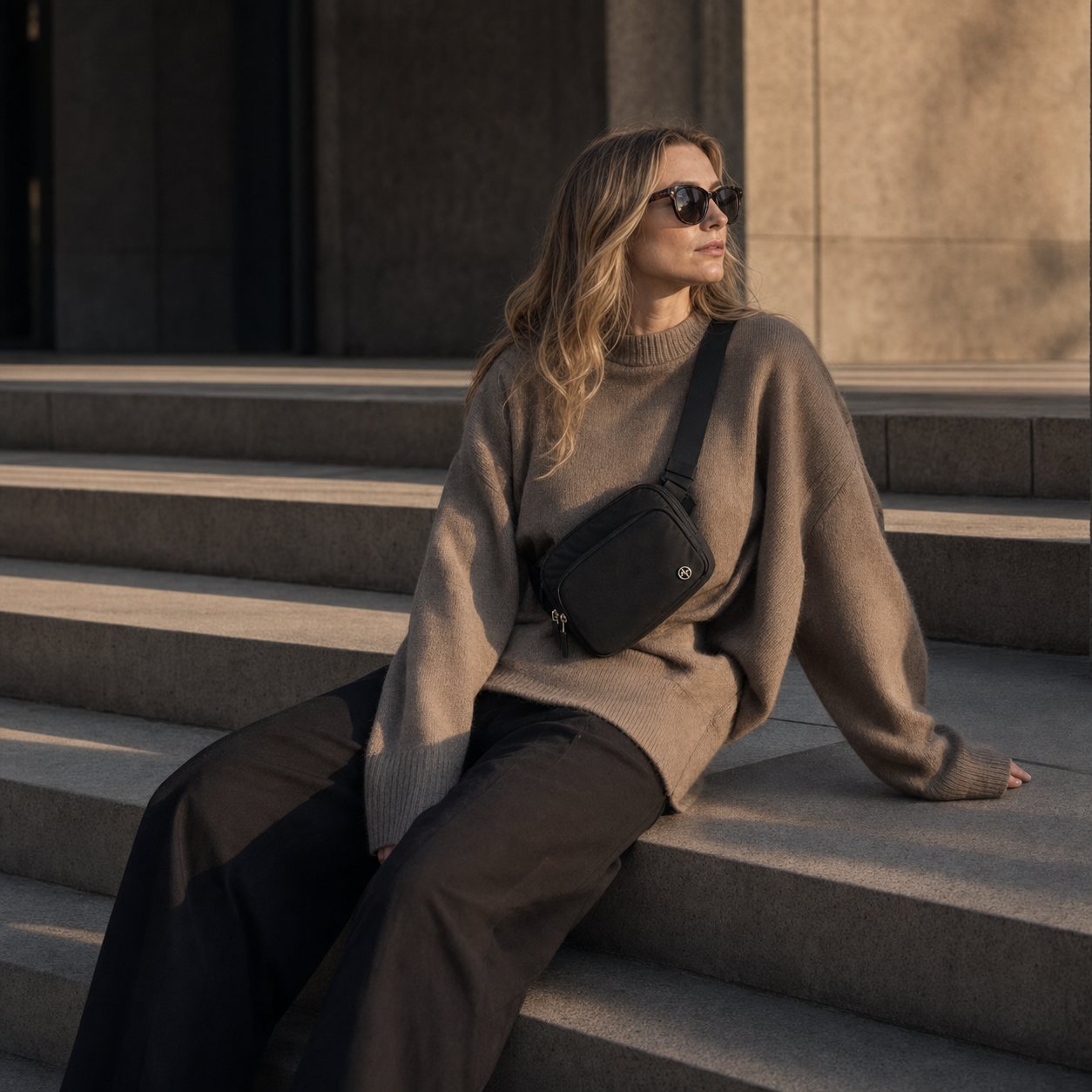 Woman wearing a black Pander crossbody belt bag on city steps