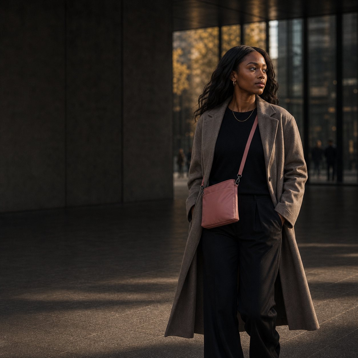 Woman wearing a dusty rose Pander crossbody bag in the city