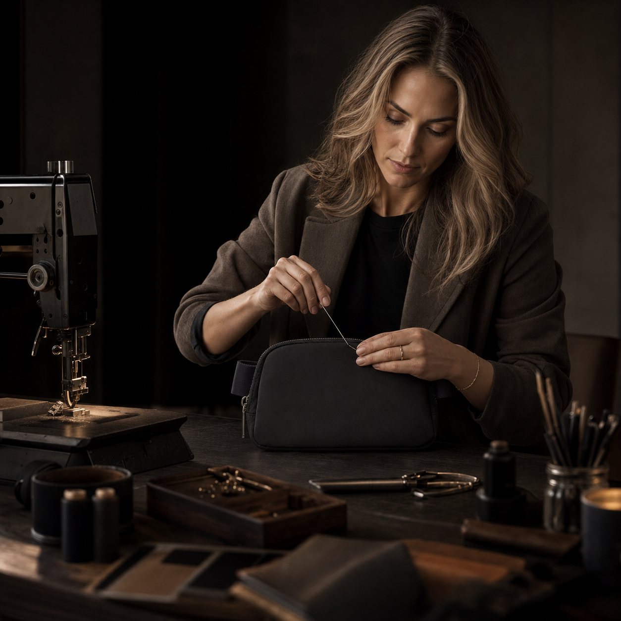 Designer customizing a black Pander belt bag in a studio