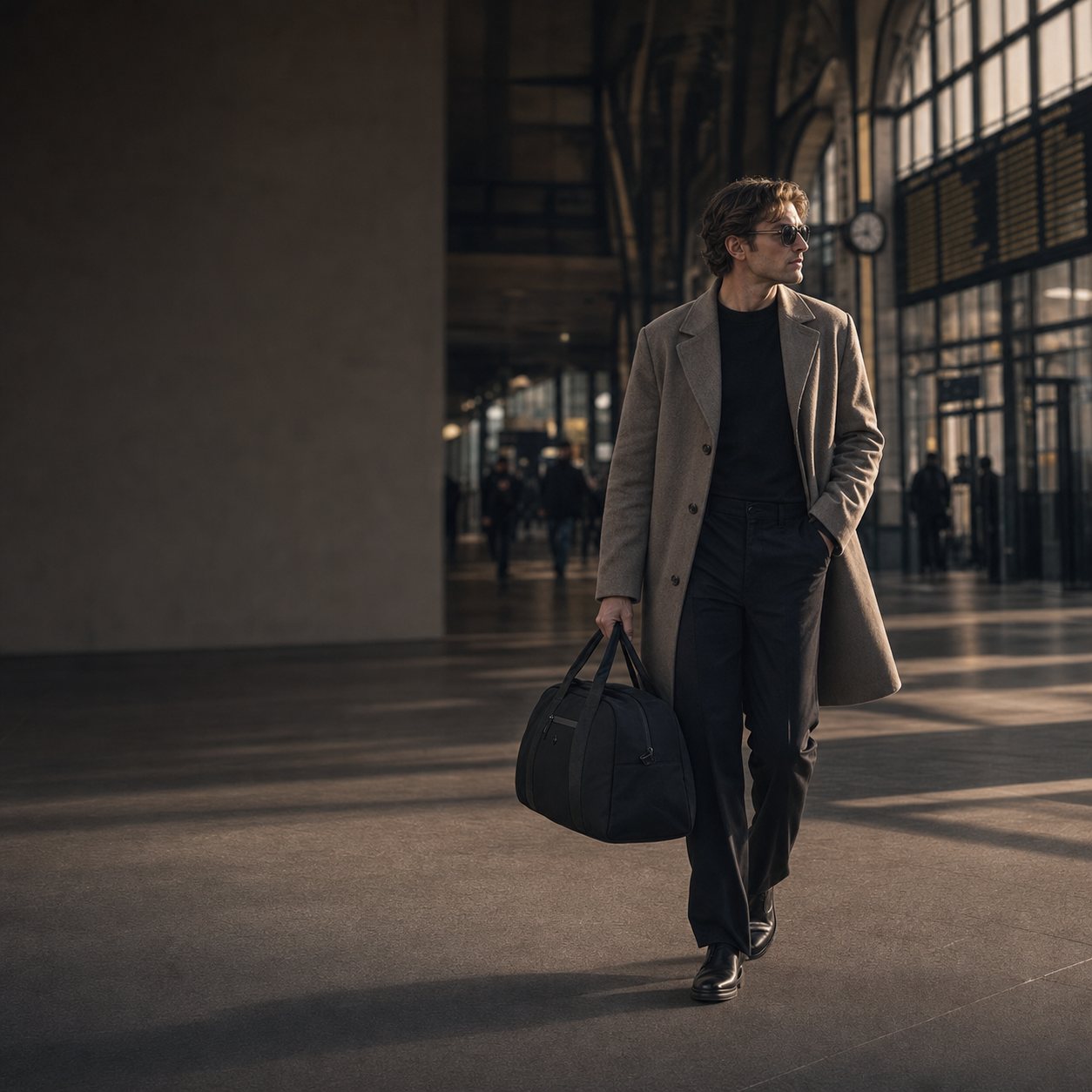 Man carrying a black Pander duffel bag through a station