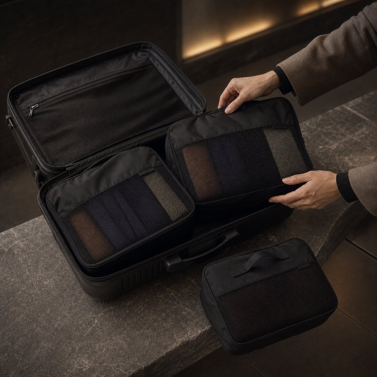 Black Pander packing cubes arranged inside an open suitcase