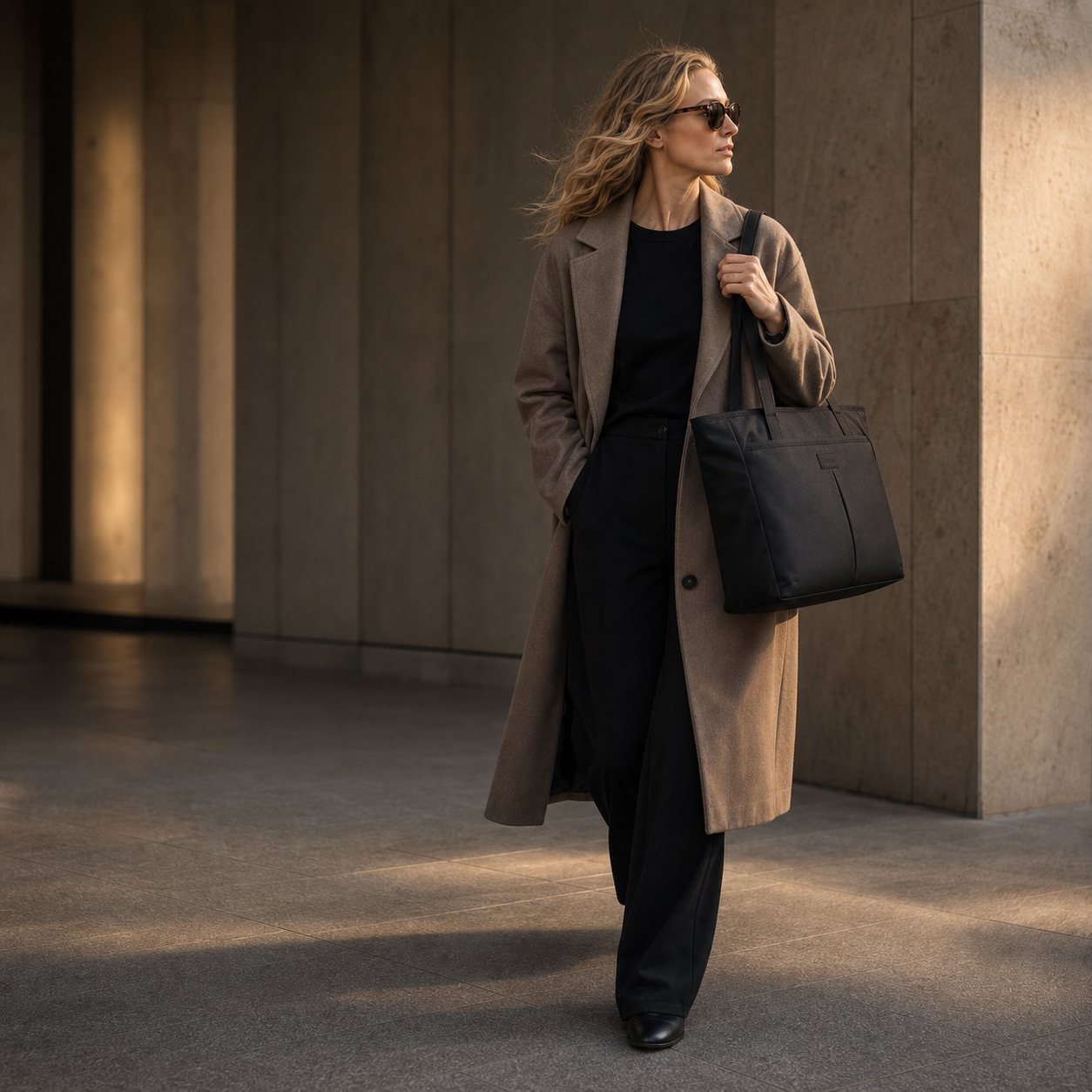 Woman carrying a black Pander tote bag outside a modern building