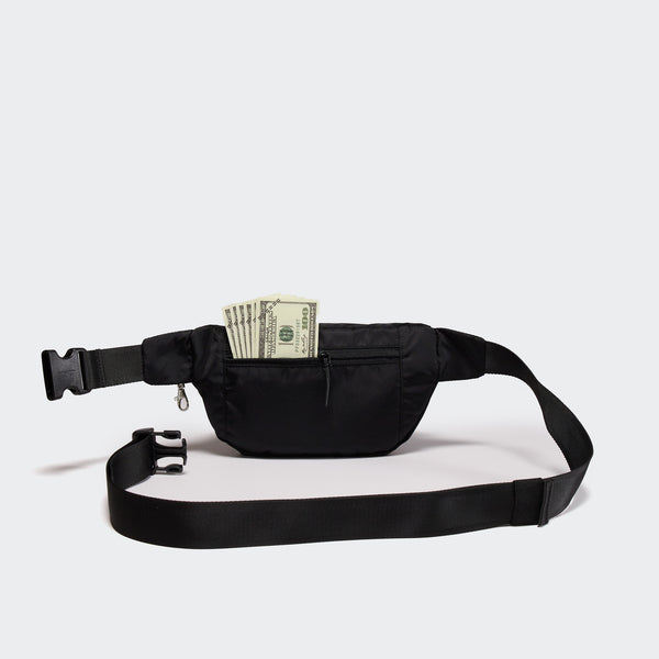 Pander RFID foldable crossbody bag in Black, rear view with adjustable strap