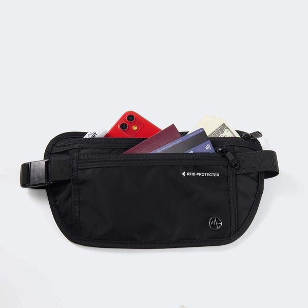 Pander anti-theft waist bag in Black Onyx, front pockets holding travel documents