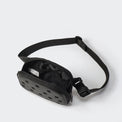 Black molded front belt bag with open main compartment and mesh organization pockets