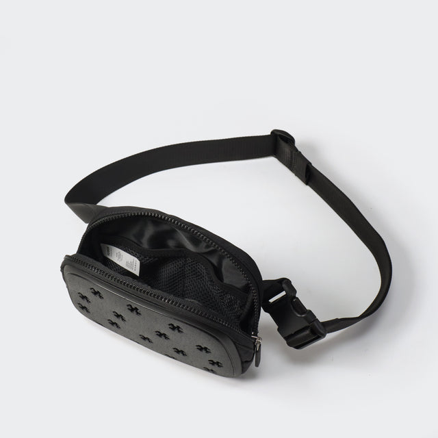 Black molded front belt bag with open main compartment and mesh organization pockets