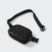 Airflow molded belt bag in Black with adjustable strap, angled front view on #ECEDEF background