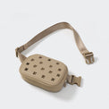 Khaki molded front belt bag with adjustable strap and dual zipper, angled view