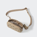 Khaki belt bag open to show the soft lining and large mesh organizer pocket