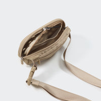 Khaki dual-zip belt bag with divided mesh pockets for small essentials
