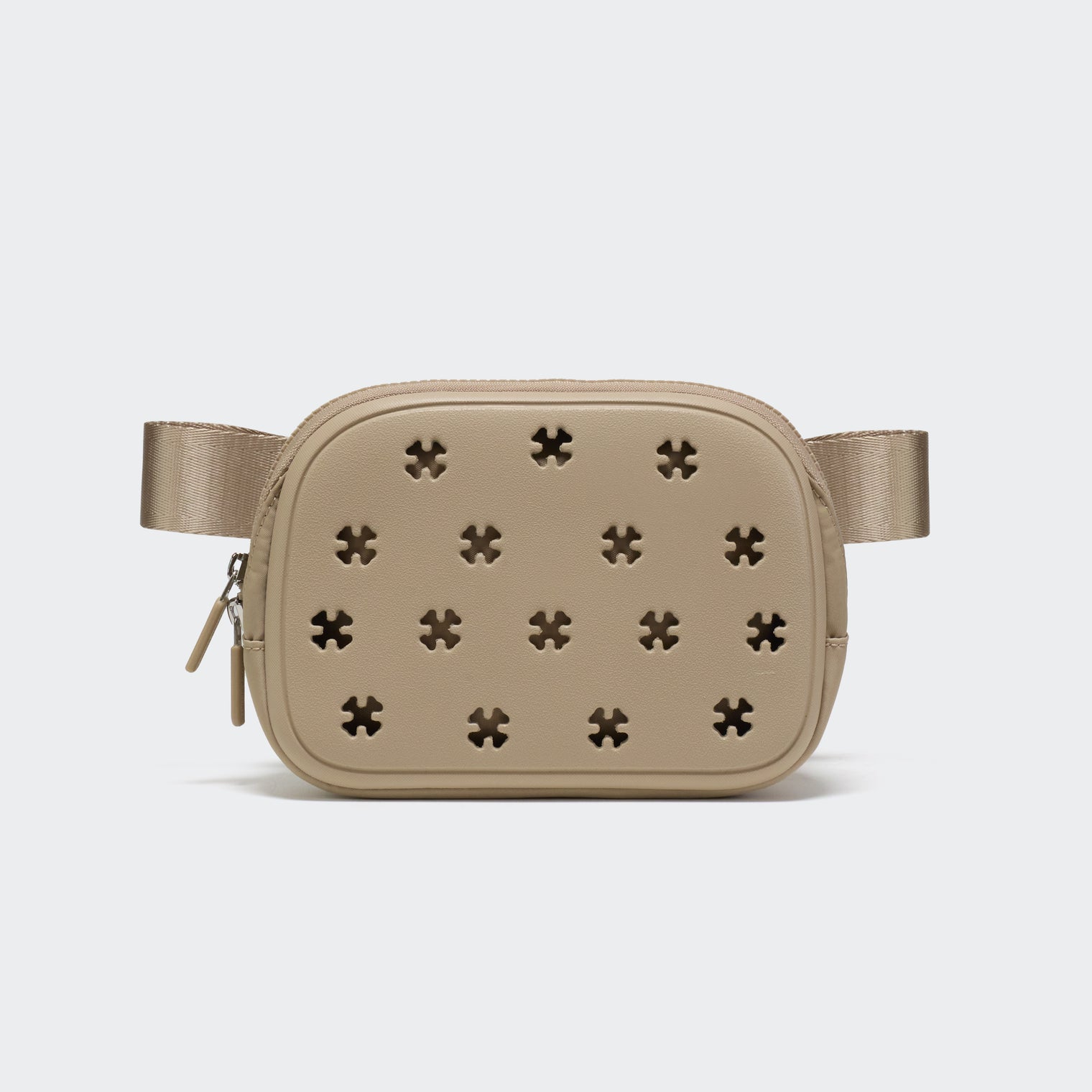 Airflow molded belt bag in Khaki, straight-on front view on #ECEDEF background
