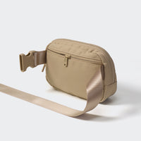Khaki belt bag rear view with secure zip pocket and adjustable webbing
