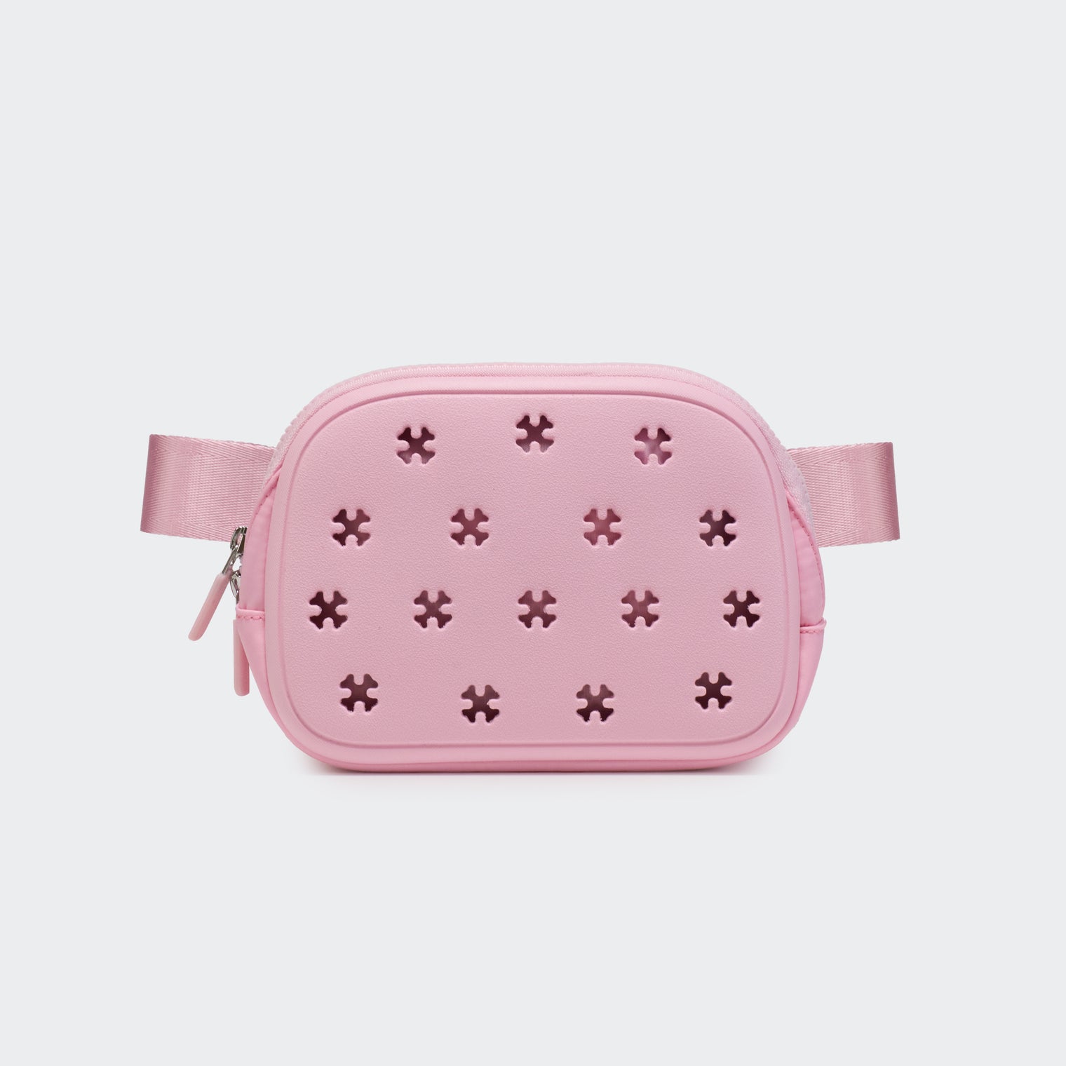 Airflow molded belt bag in Pink, straight-on front view on #ECEDEF background