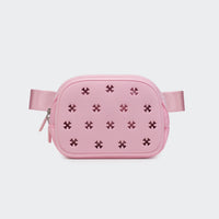 Airflow molded belt bag in Pink, straight-on front view on #ECEDEF background