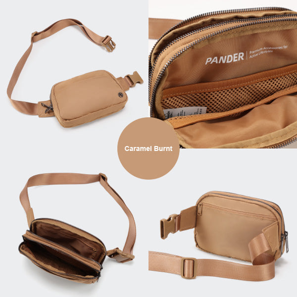 Pander 5 zipper pocket 2L belt bag in Caramel Burnt, product detail view 1