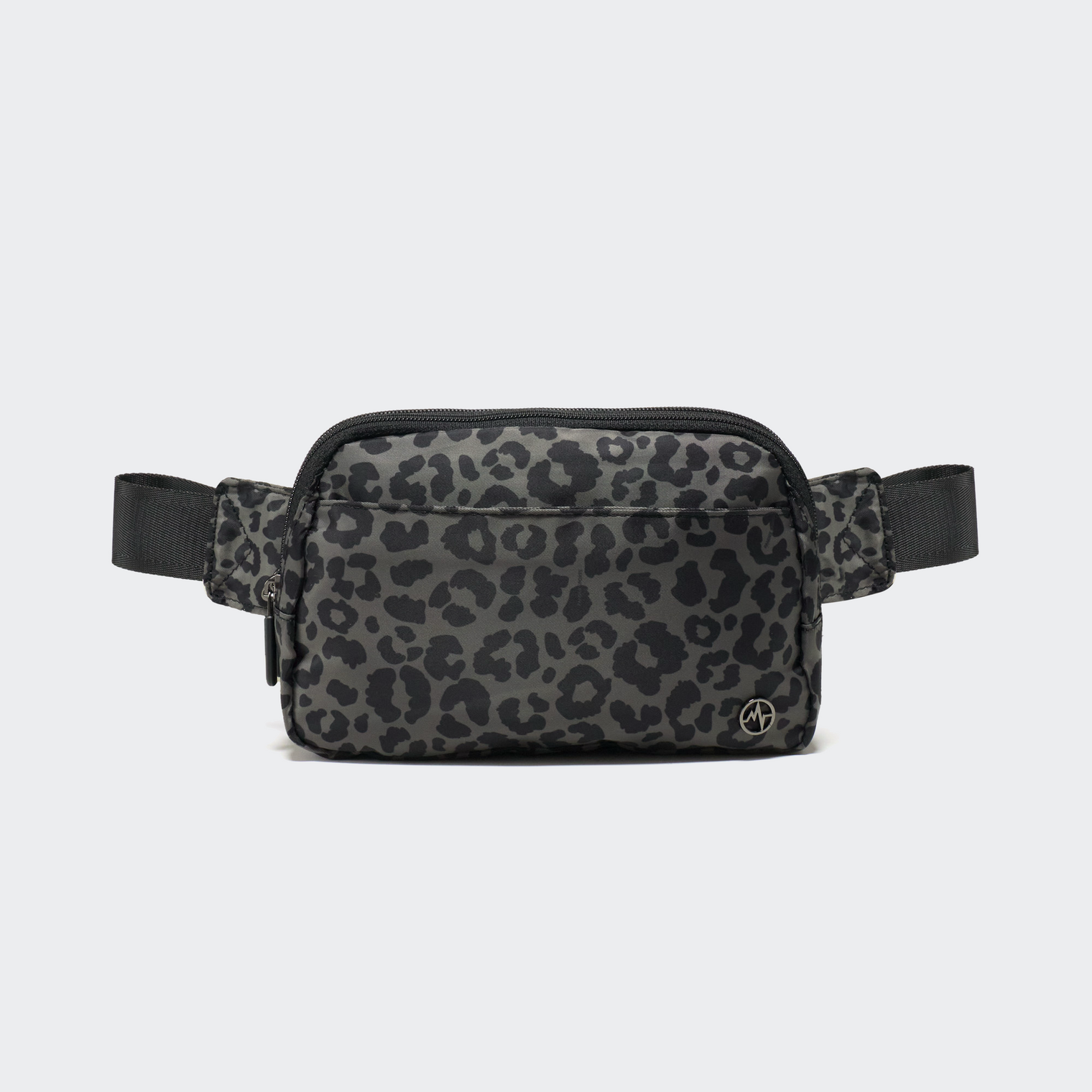 Pander 5 zipper pocket 2L belt bag in Grey Leopard, front view with adjustable strap