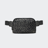 Pander 5 zipper pocket 2L belt bag in Grey Leopard, front view with adjustable strap