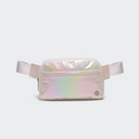 Pander 5 zipper pocket 2L belt bag in Iridescent White, front view with adjustable strap