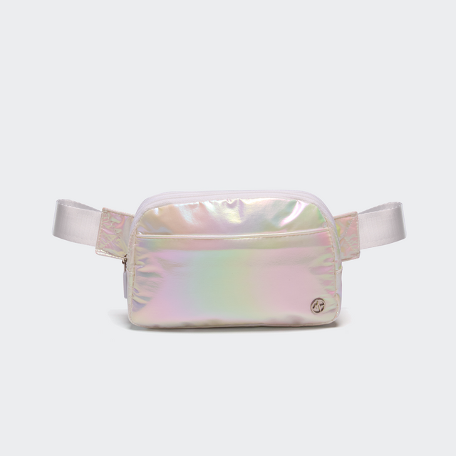 Pander 5 zipper pocket 2L belt bag in Iridescent White, front view with adjustable strap