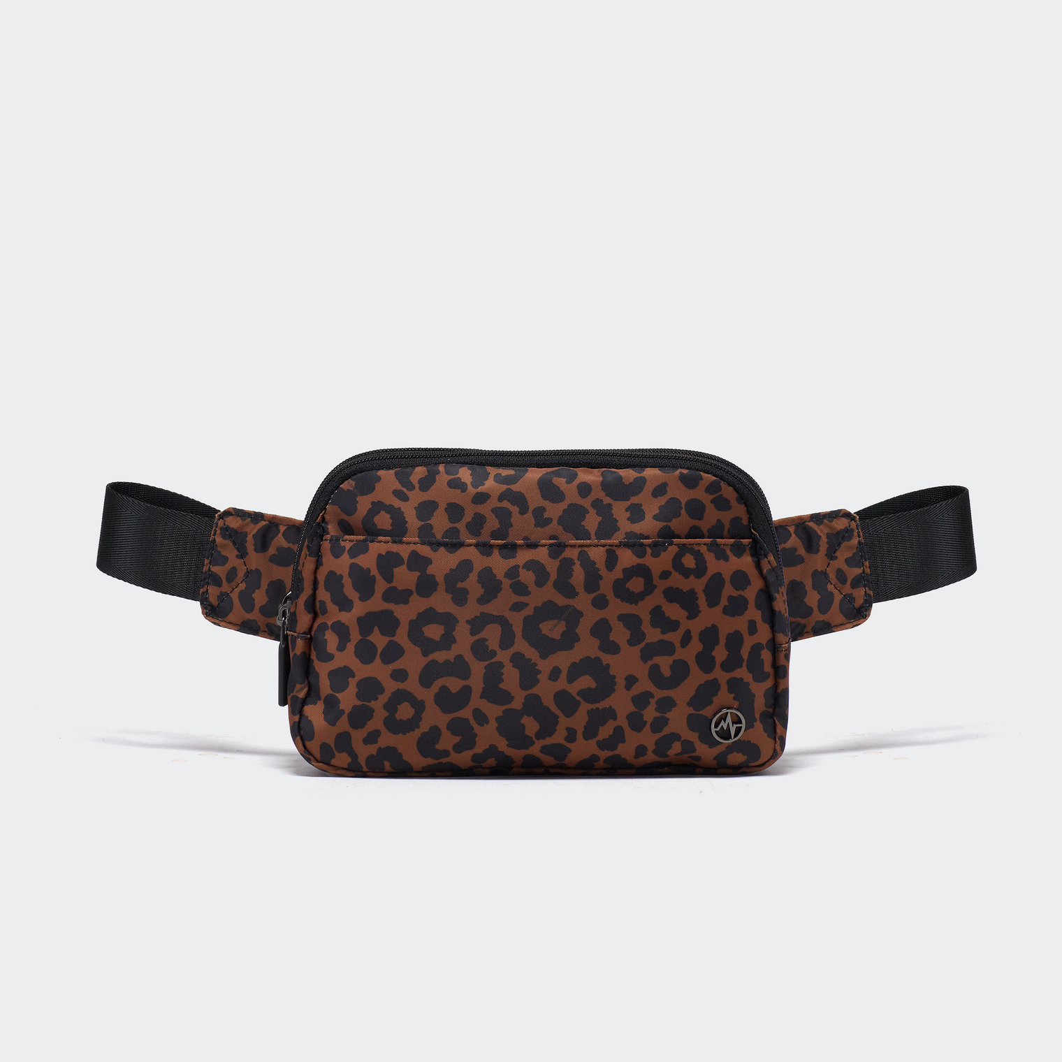 Pander 5 zipper pocket 2L belt bag in Midnight Leopard, front view with adjustable strap