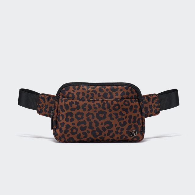 Pander 5 zipper pocket 2L belt bag in Midnight Leopard, front view with adjustable strap