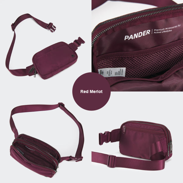 Pander 5 zipper pocket 2L belt bag in Red Merlot, product detail view 1