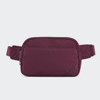 Pander 5 zipper pocket 2L belt bag in Red Merlot, front view with adjustable strap