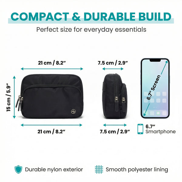 Pander 6-pocket crossbody belt bag measurements: 8.2 by 2.9 by 5.9 inches