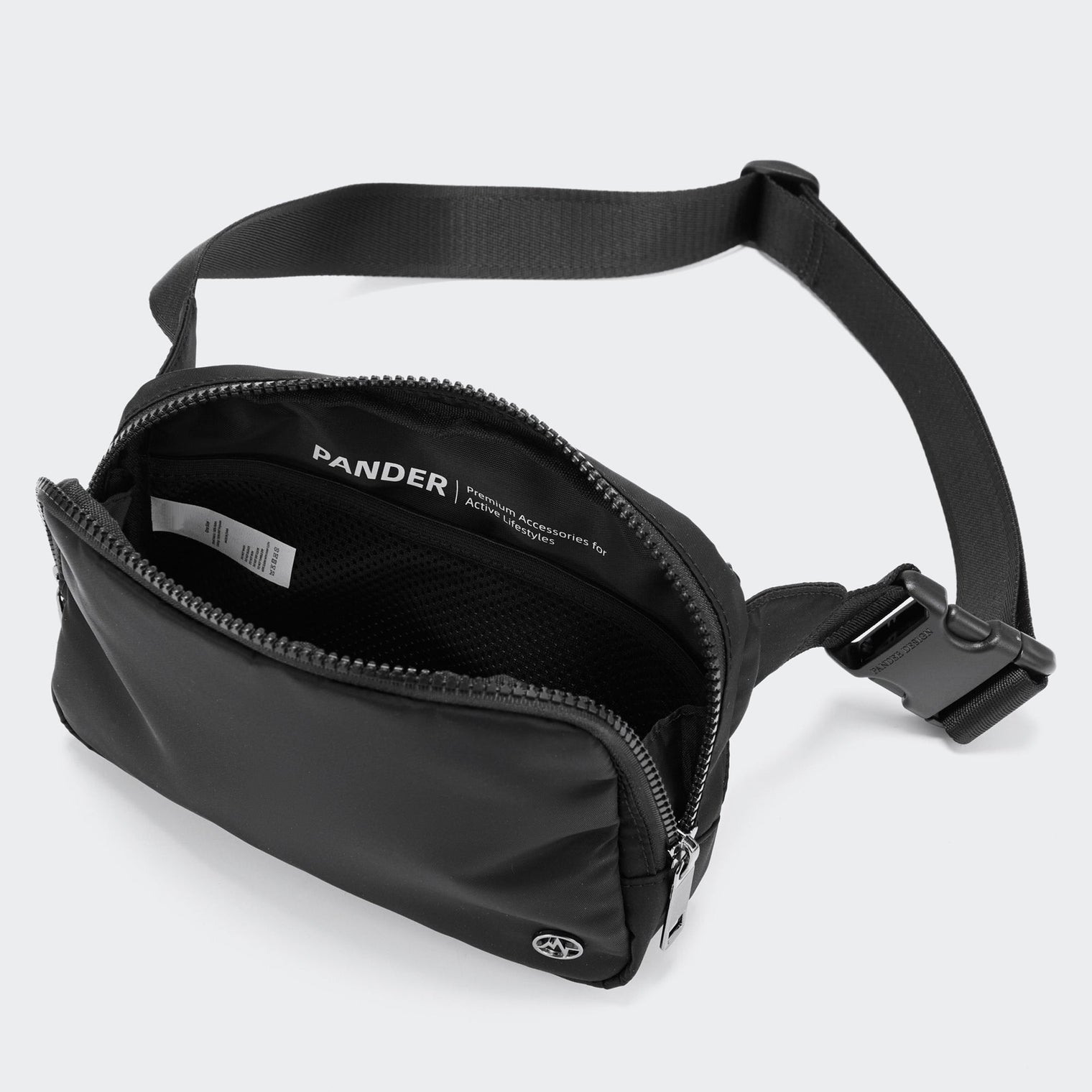PANDER belt bag in Black Onyx, rear zip pocket and buckle detail