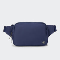PANDER 2L water-resistant belt bag in Blue Storm, side and zipper detail
