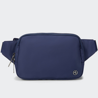 PANDER Everywhere Belt Bag Large 2L in Blue Storm, straight-on front view on #ECEDEF background